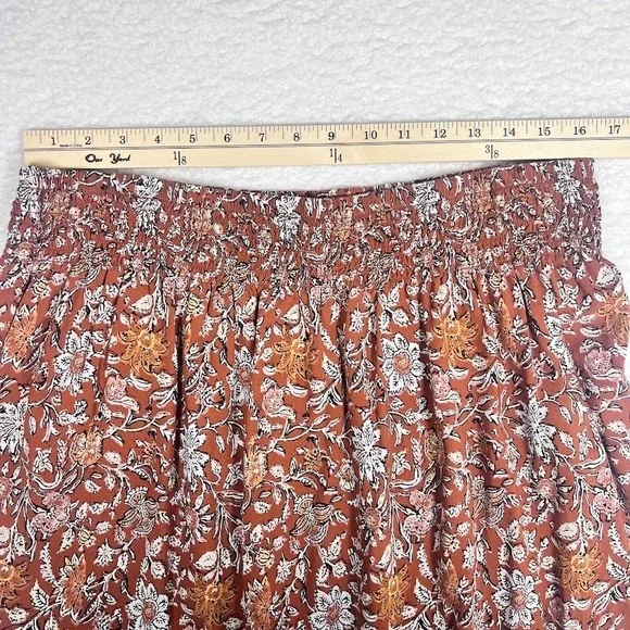 J Jill Boho Cottagecore Midi Skirt Floral Rust Tiered Flowy Elastic L - Picture 6 of 9